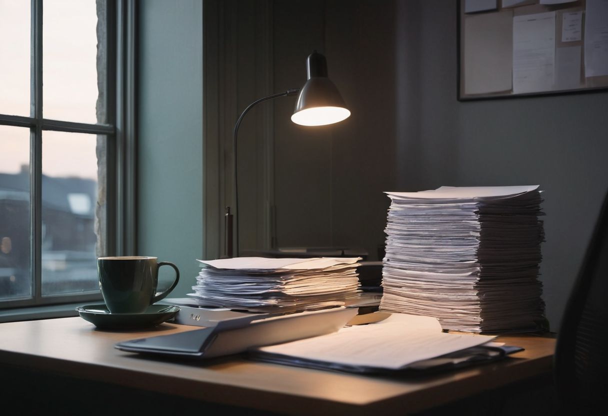 Schreibtisch mit hohen Aktenstapeln am späten Abend – Symbolbild für unübersichtliche Vorschriften